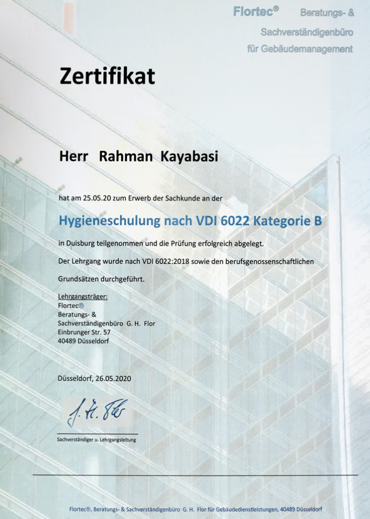 Zertifikat Hygieneschulung-VDI-6022-Rahman Kayabasi Apex GmbH